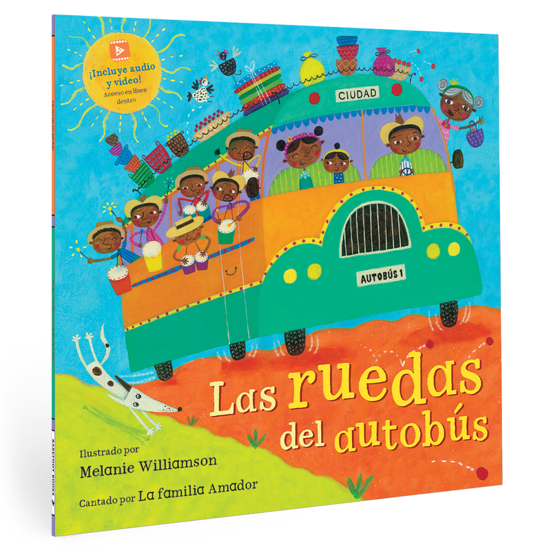 Cover of "Las ruedas del autobús" children's book featuring a colorful bus journey through a Guatemalan village.