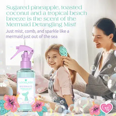 Woman and child with a bottle of 'Mermaid Detangling Spray' brand product, surrounded by tropical-themed graphics.