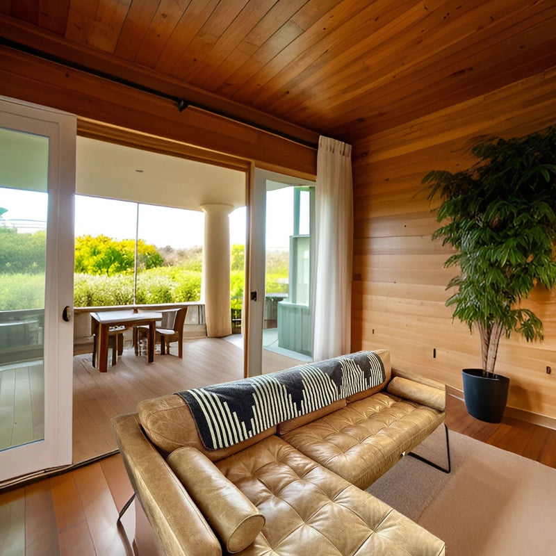 Wide shot of a modern, open living room with alpaca throws draped over low-slung leather chairs near a large window.