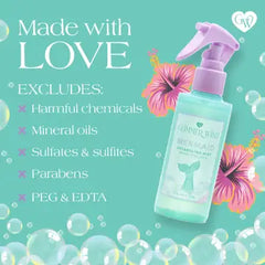 Bottle of detangling spray with floral design and text about product ingredients on a teal background