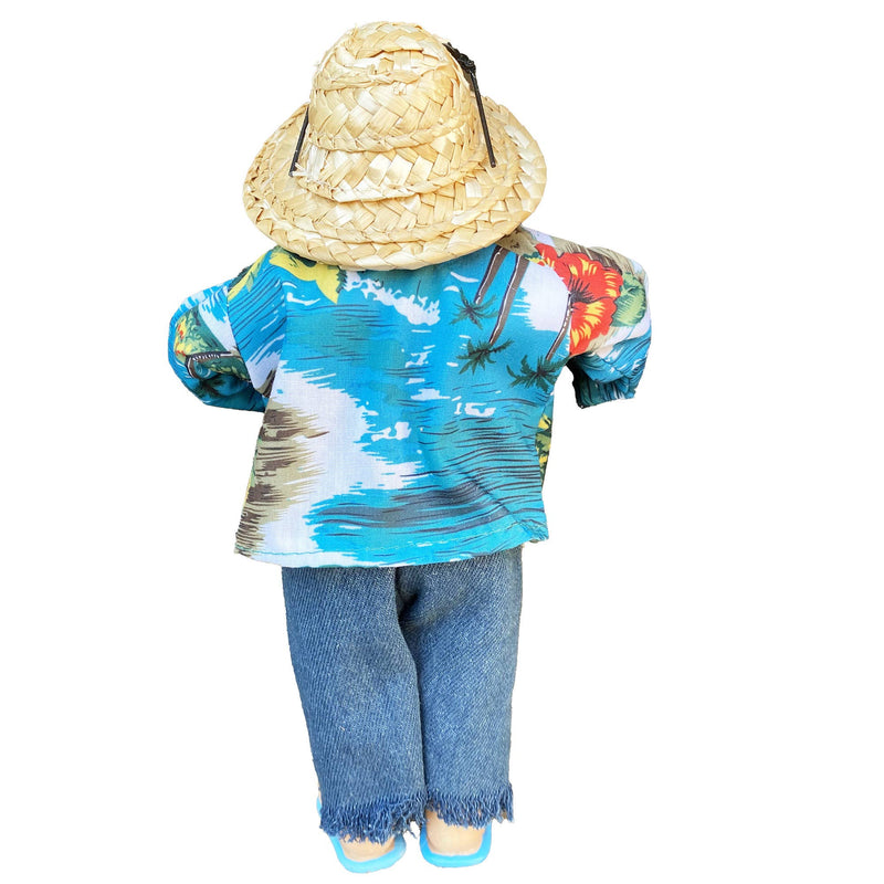 Back of Margaritaville Claus showing blue Hawaiian shirt pattern and straw hat detail