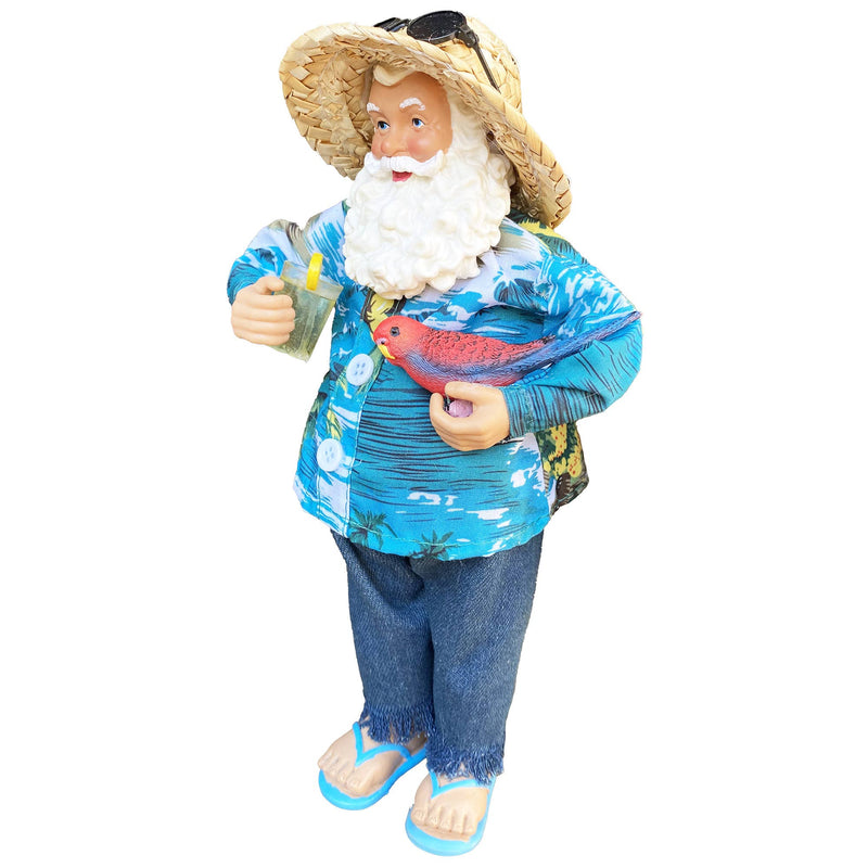 Side angle of Santa figurine wearing straw hat blue shirt and flip flops holding red drink coastal Christmas décor