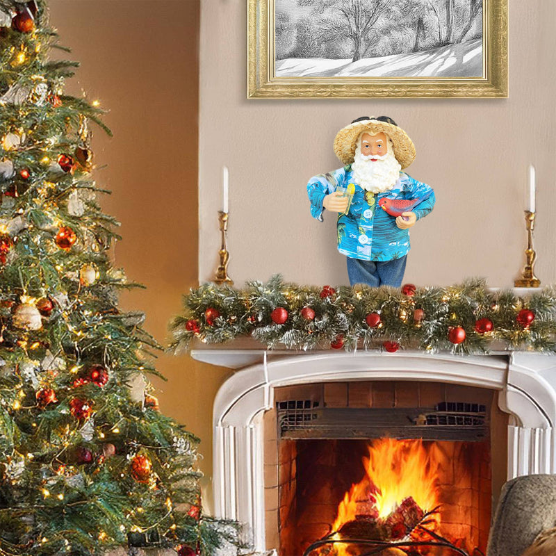 10 inch Margaritaville Claus Santa figurine displayed on Christmas mantel above fireplace with garland
