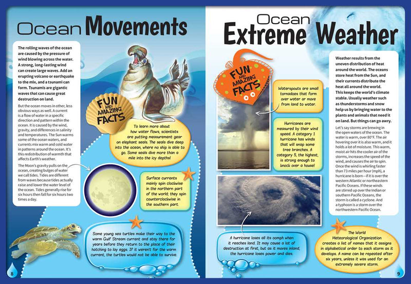 Educational poster about ocean movements and extreme weather with illustrations and text.