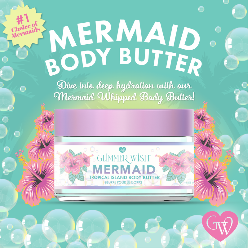 Mermaid body butter container with floral design on a turquoise background with bubbles and flowers.