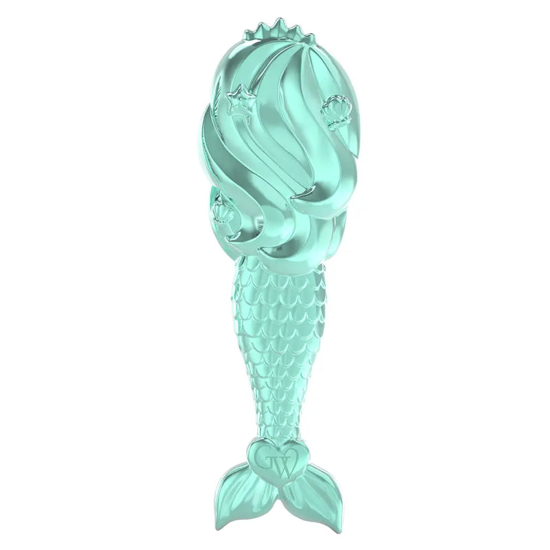 Back view of aqua mermaid hairbrush with sculpted scales and tail detail.