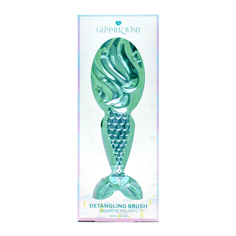 Mermaid detangling brush shown in Glimmer Wish retail packaging.