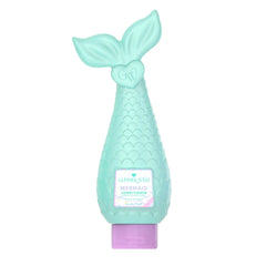 Aqua mermaid tail bottle of Mermaid Conditioner with beachy label and purple cap.
