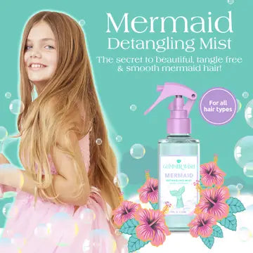 Mermaid Detangling Mist product with a girl and mermaid-themed design on a teal background