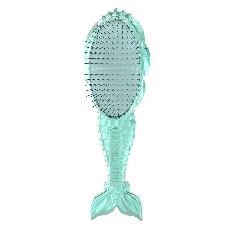 Aqua mermaid tail detangling brush with long flexible bristles.