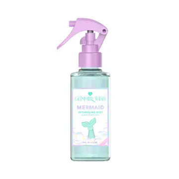 Mermaid Hair Detangling Mist spray bottle with tropical teal and pink label.