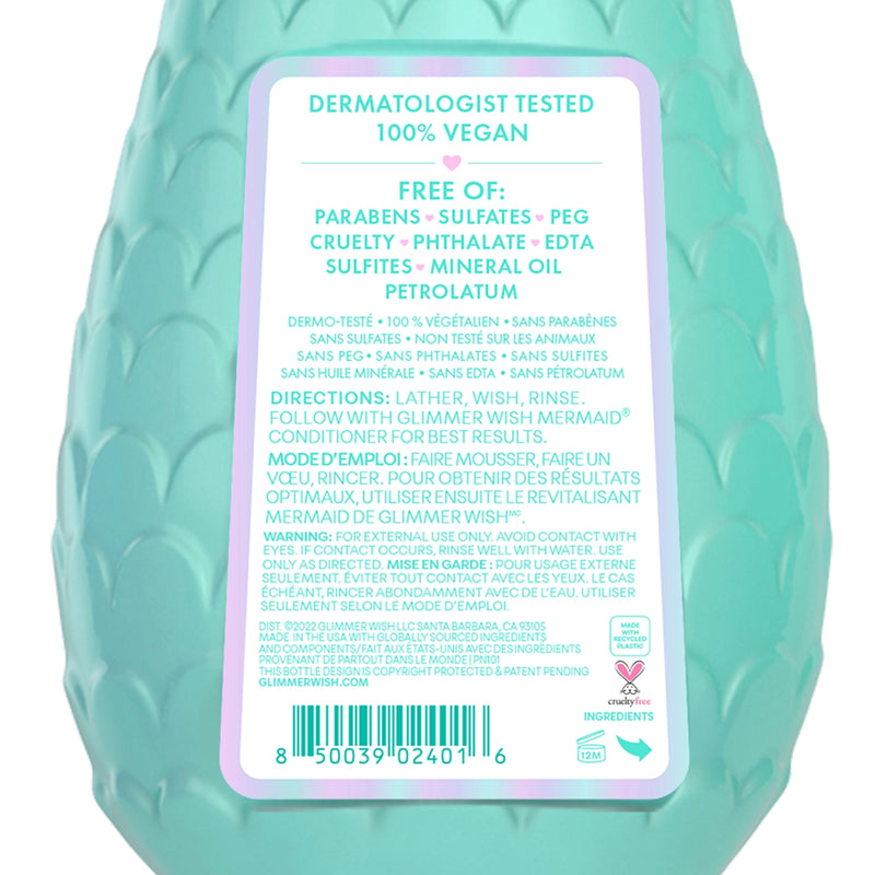 Rear view of Mermaid Shampoo showing ingredients, directions, and cruelty-free icons.