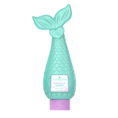 Aqua mermaid tail bottle of Mermaid Shampoo with beachy label and purple cap.