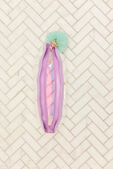 Overhead view of Mermaid Shell Cosmetics Bag showing pink zipper and interior space.