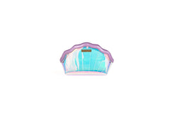 Iridescent mermaid shell-shaped cosmetics bag with lavender trim and shimmering teal body.