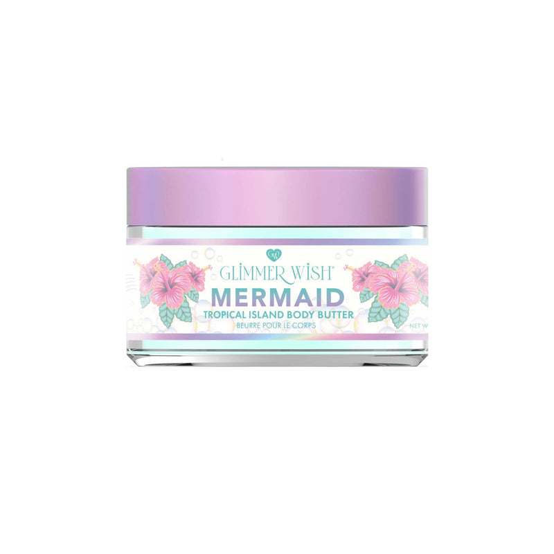 Jar of 'Mermaid' tropical island body butter with floral design on a white background