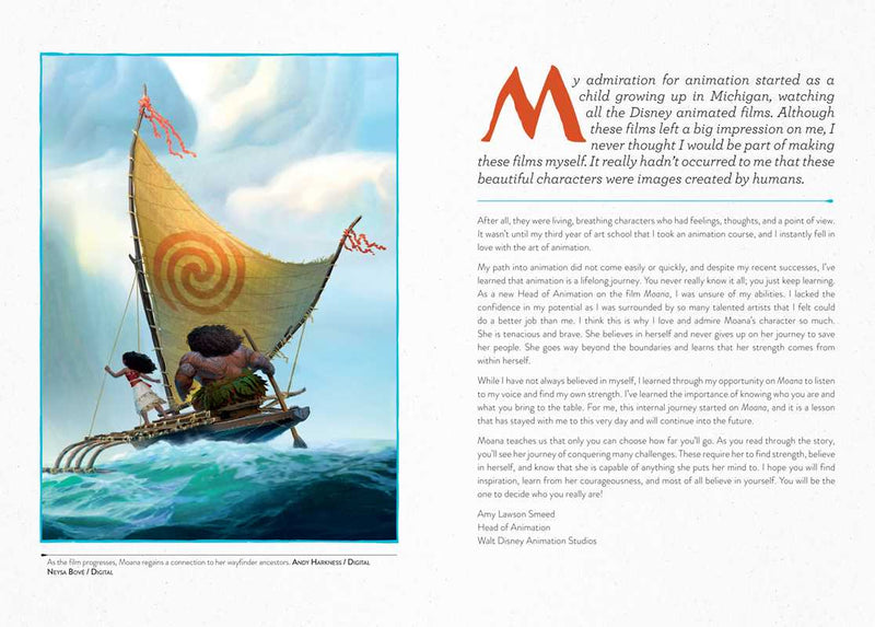 Page from a book with an illustration of two characters on a boat and text about animation.