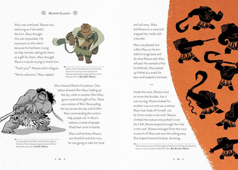 Illustrated book page with cartoon character and black silhouette illustrations on an orange background