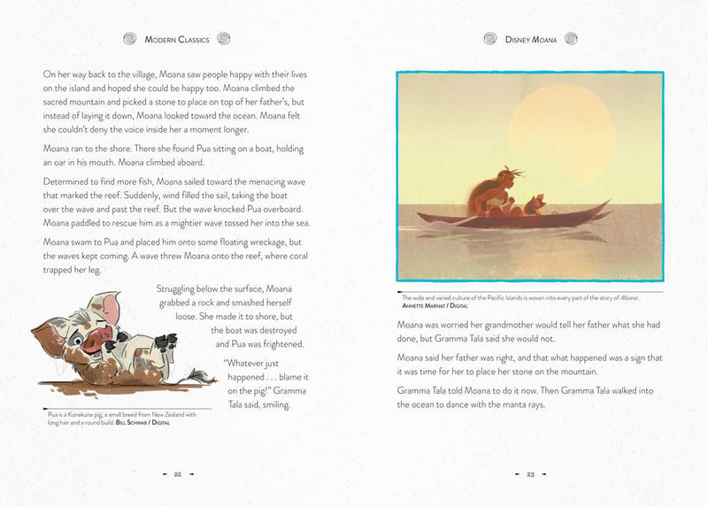 Page from a book with an illustration of a character in a boat and text.