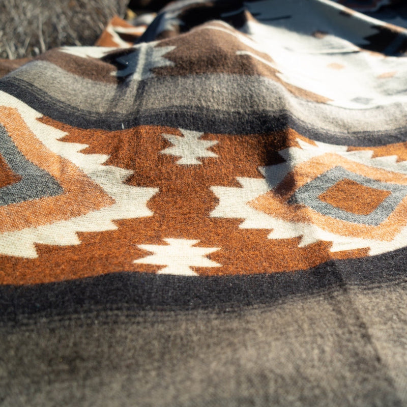 Tight close-up of the Mojave blanket's woven texture, showing the brown, rust, and gray color transitions.