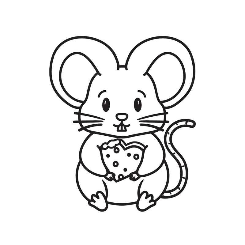 Black and white line drawing of a cartoon mouse with a bow tie on a white background