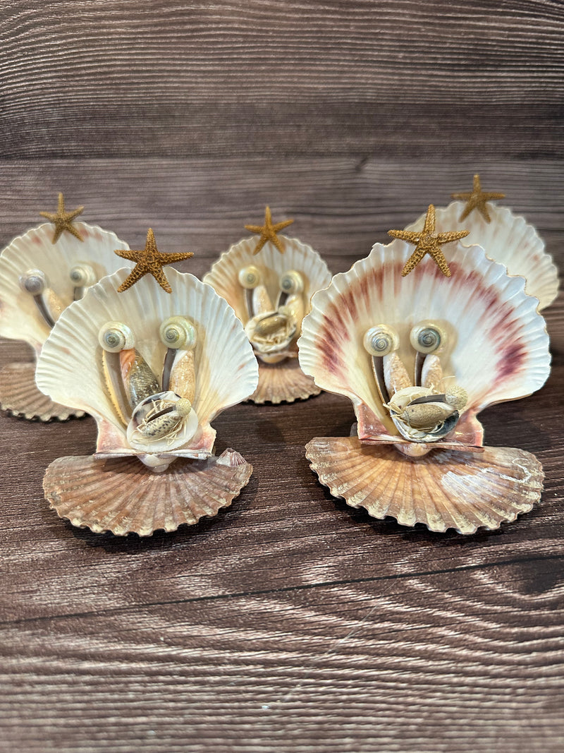 Multiple handmade Seashell Nativity Scenes featuring real shells with a starfish on top, unique and one-of-a-kind, approximately 4"x3"