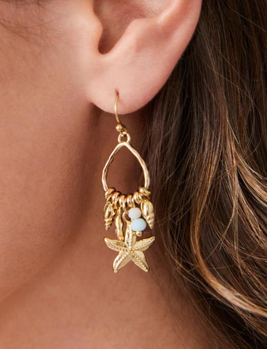 Starfish Dangle Earrings in 14kt gold plating, featuring sea-inspired charm and ear wires worn on a model. 