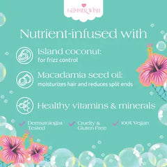 Product label with hair care ingredients and benefits on a teal background with floral elements.