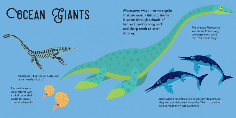 Educational illustration of ocean giants featuring a plesiosaur and ichthyosaurs on a blue background.