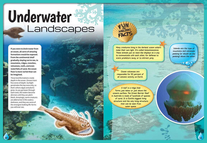 Illustrated book page about underwater landscapes with marine life and facts.