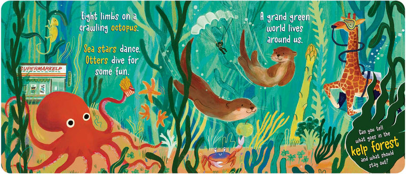 Colorful underwater scene with animals and text on a book page.