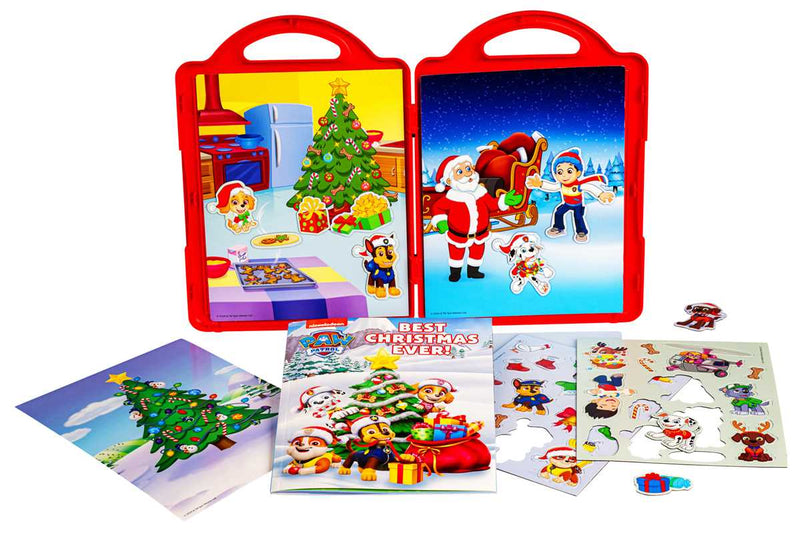 Christmas-themed children's activity book with puzzles and stickers on a white background