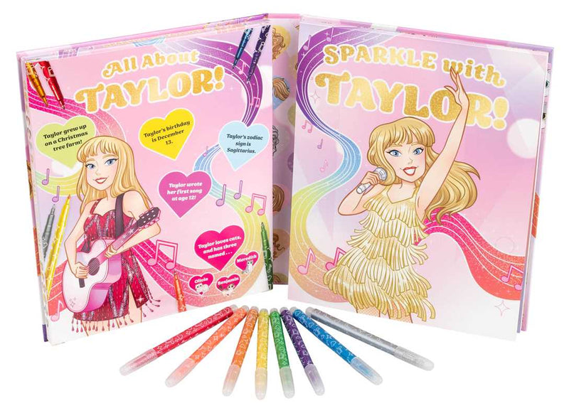 Two coloring books with a character named Taylor, each featuring colorful markers.