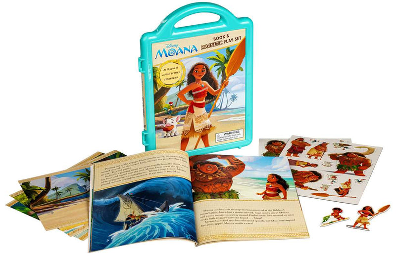 Disney Moana book and play set with book open, stickers, and toy figure on a white background