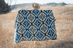 Alpaca wool throw blanket in blue Chakana geometric pattern - Andean home textile