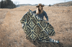 Alpaca wool throw blanket in blue Chakana geometric pattern - Andean home textile