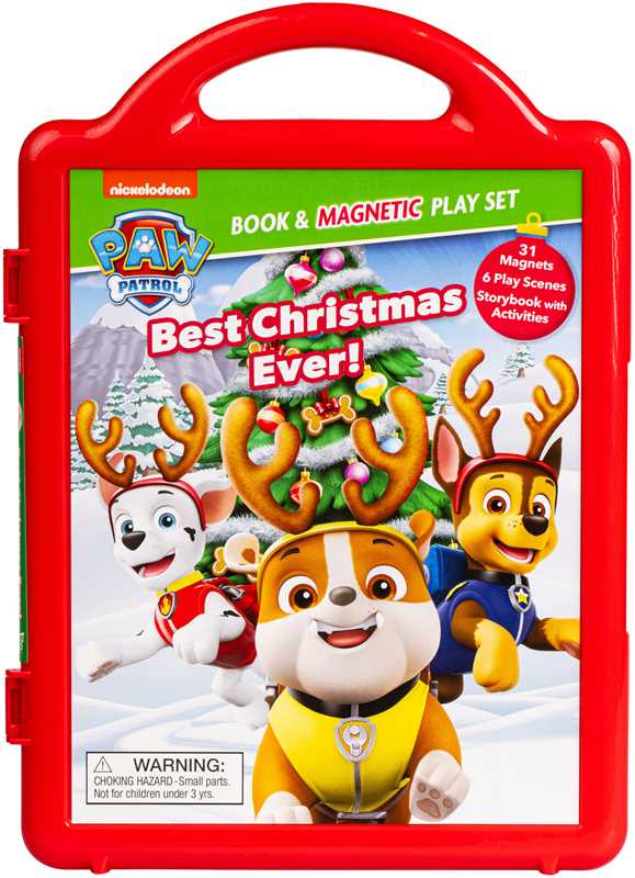 Paw Patrol book and magnetic play set with Christmas theme on a red carrying case.