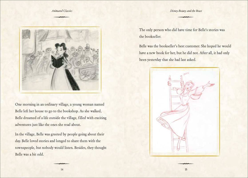 Page from a book with illustrations and text, featuring characters from Disney's 'Beauty and the Beast'.