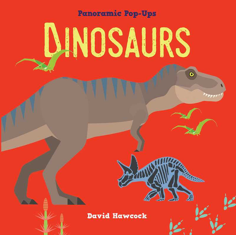Book cover of 'Dinosaurs' with a large T-Rex and skeleton illustration on a red background.