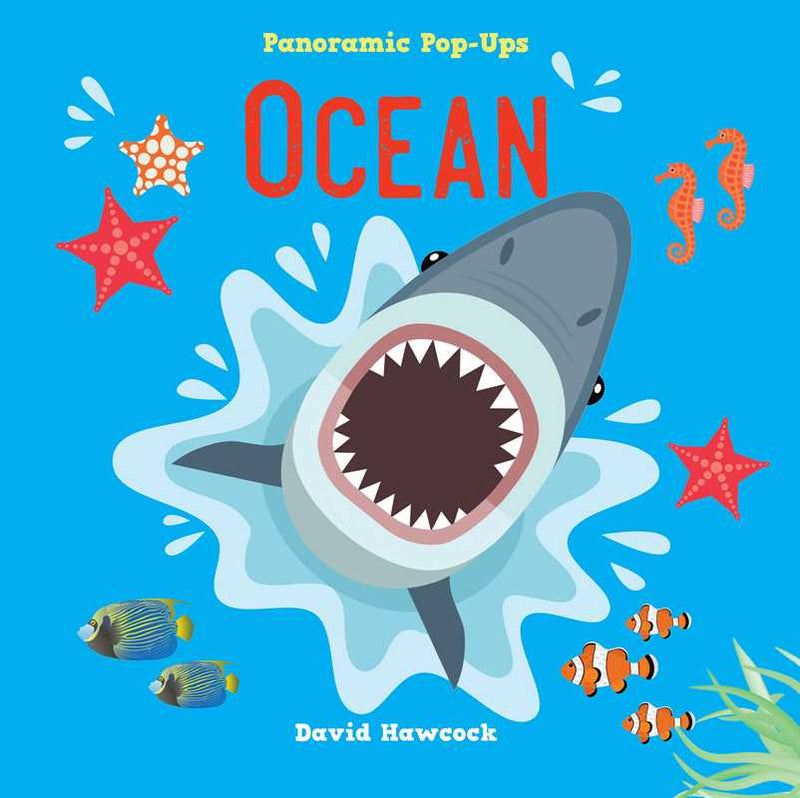 Book cover of 'Panoramic Pop Ups: Ocean' with a shark illustration and sea creatures on a blue background