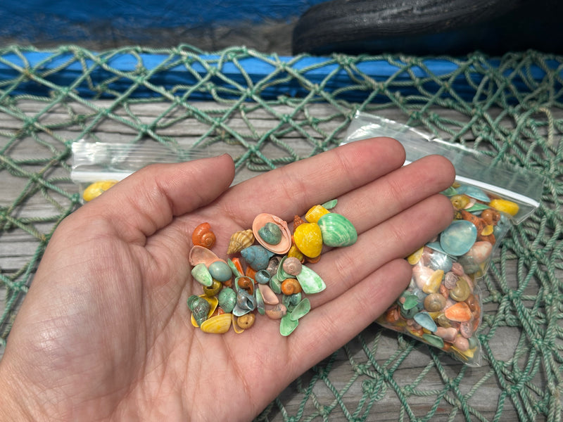 A hand holding a small bag of pastel dyed shell mixture, with visible colorful shells in a net-like background.