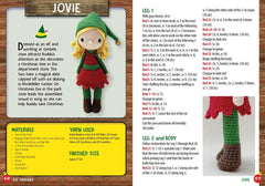 Crochet pattern for a character named Jovie with instructions and materials list on a wooden background.