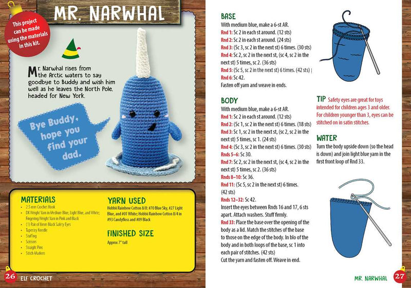 Crochet pattern for a blue narwhal with instructions and materials list on a wooden background.