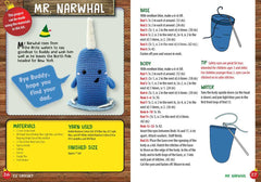 Crochet pattern for a blue narwhal with instructions and materials list on a wooden background.