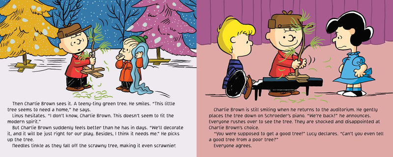 Comic strip scene with characters in a winter setting, including a tree.