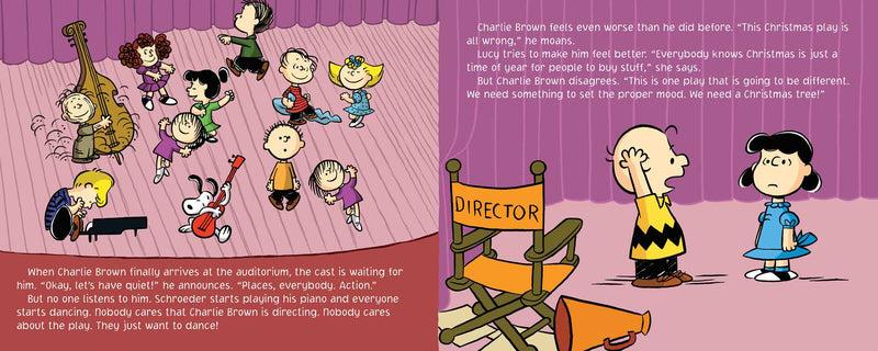 Comic strip with Charlie Brown and friends in a theater setting, featuring a director's chair and megaphone.