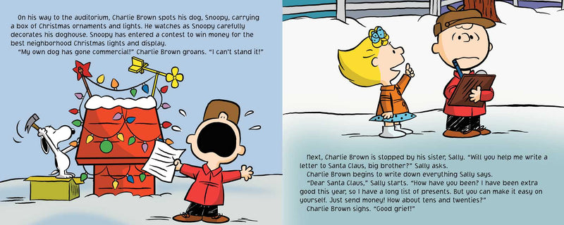 Comic strip with Charlie Brown and Snoopy decorating a house for Christmas.