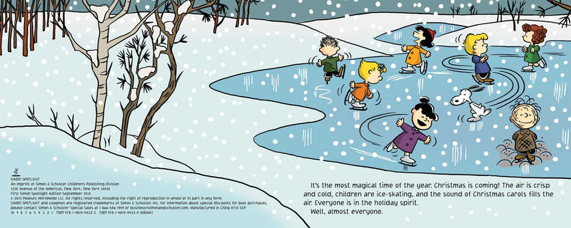 Cartoon characters skating on a frozen pond with snow-covered trees and ground.