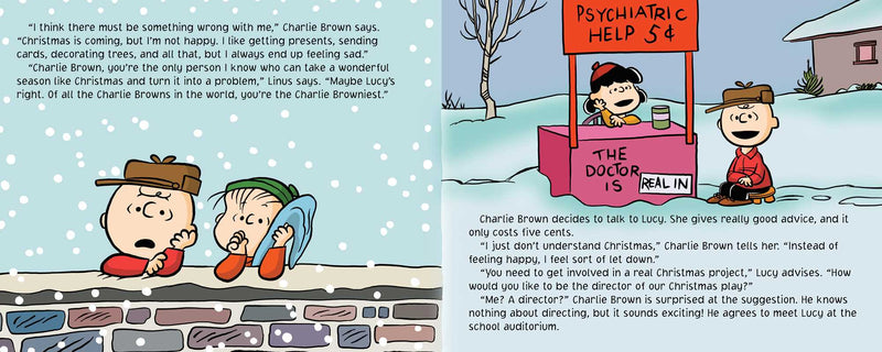 Comic strip with two characters and aPsychiatrist booth in a snowy setting