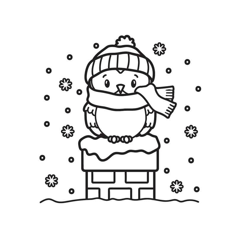 Cartoon penguin wearing a hat and scarf on a chimney with snowflakes around